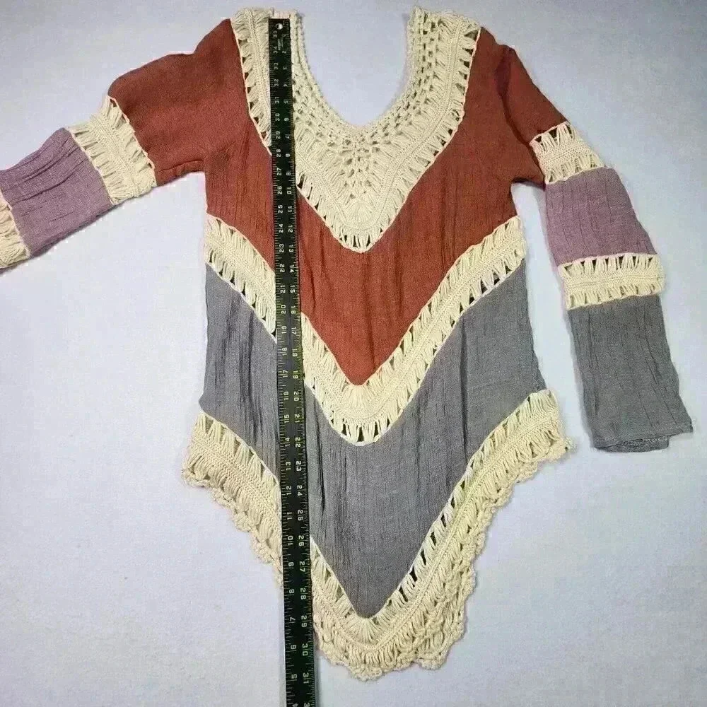 Women's Crochet Crinkle V-Neck Tunic Hippie BOHO Peasant‎ Coverup Earthy Blouse